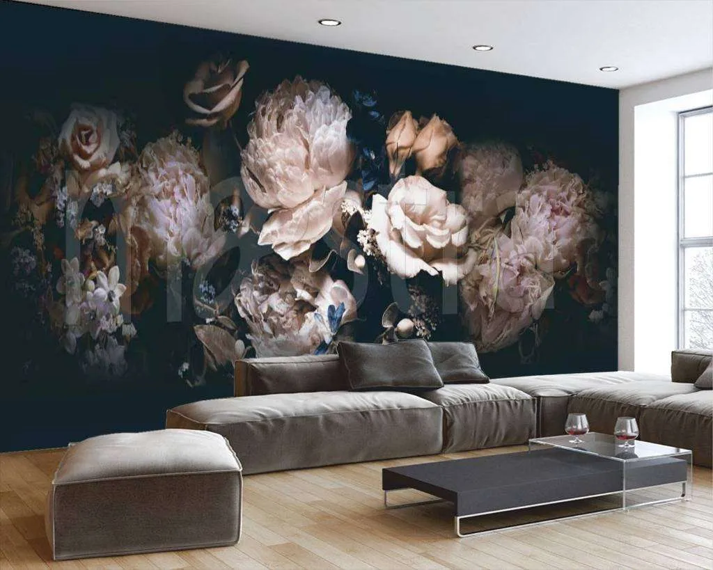 Фотообои в интерьере цветы на черном фоне  7-776 фото