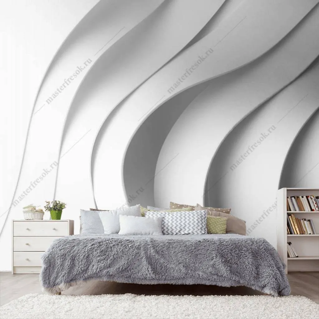 Фотообои в интерьере 3д белые волны с тенью  10-778 фото