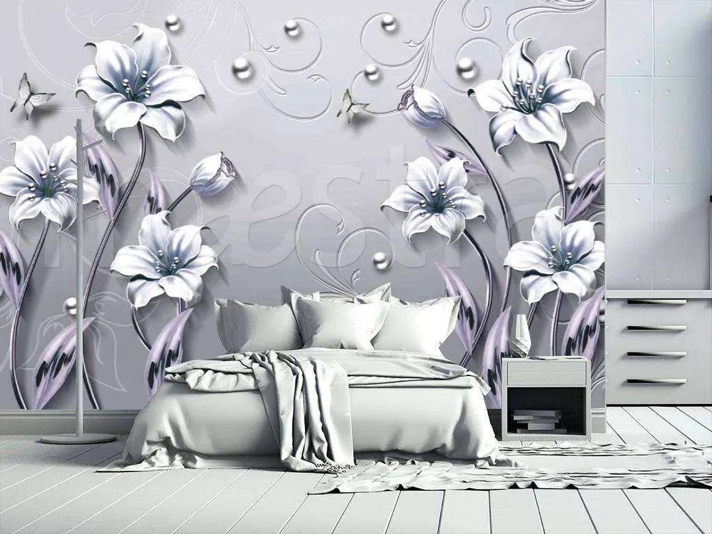 Фотообои в интерьере 3д цветы на сером фоне с бусинами  10-518 фото