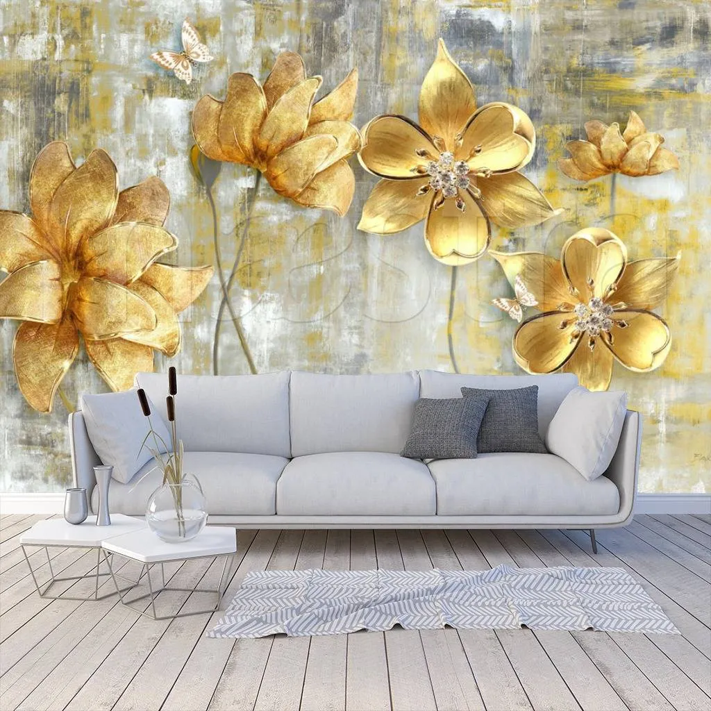Фотообои в интерьере цветы 3д золотые  10-574 фото