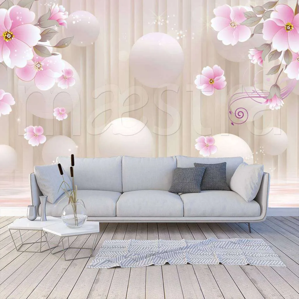 Фотообои в интерьере 3д цветы на фоне шаров  10-581 фото