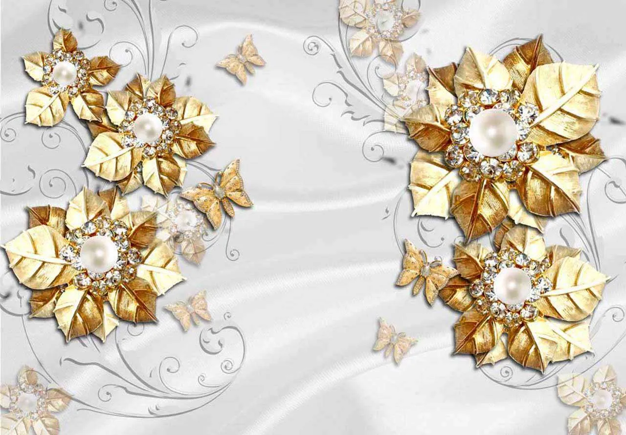 Фотообои в интерьере золотые цветы на шелке  10-401 фото