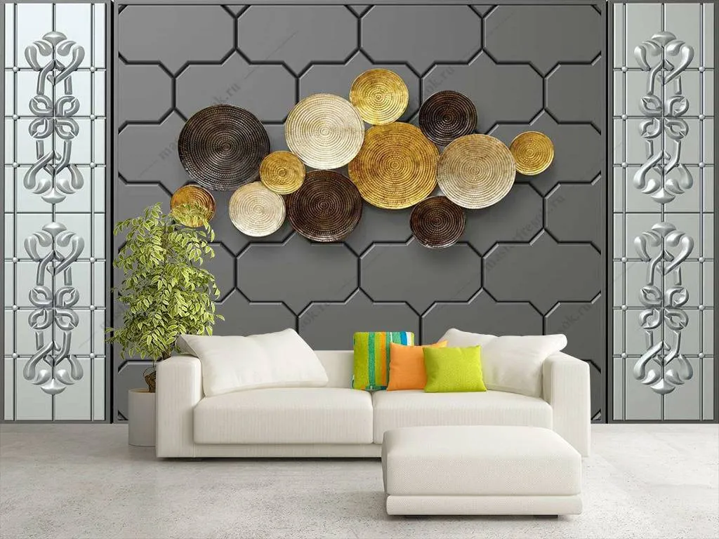 Фотообои в интерьере 3д золотые круги  10-701 фото