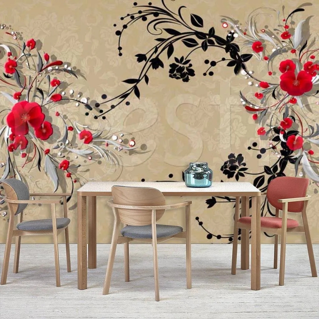 Фотообои в интерьере черно красные цветы 3д  7-214 фото