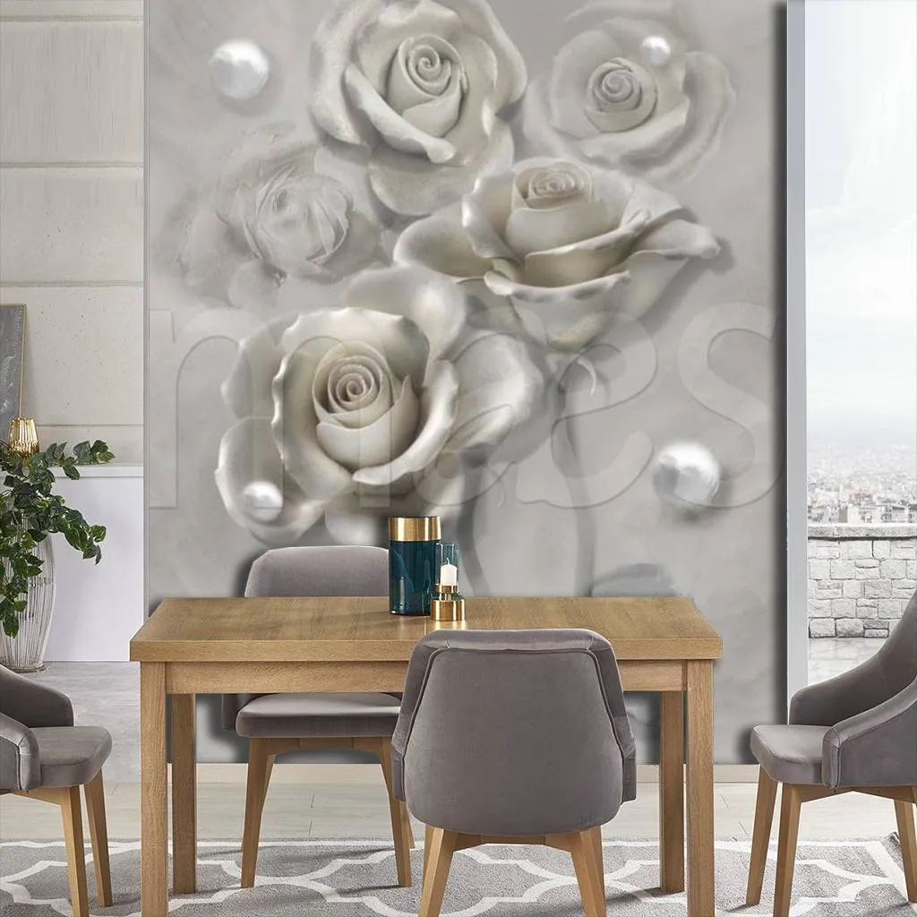 Фотообои в интерьере розы 3д и жемчуг  7-727 фото