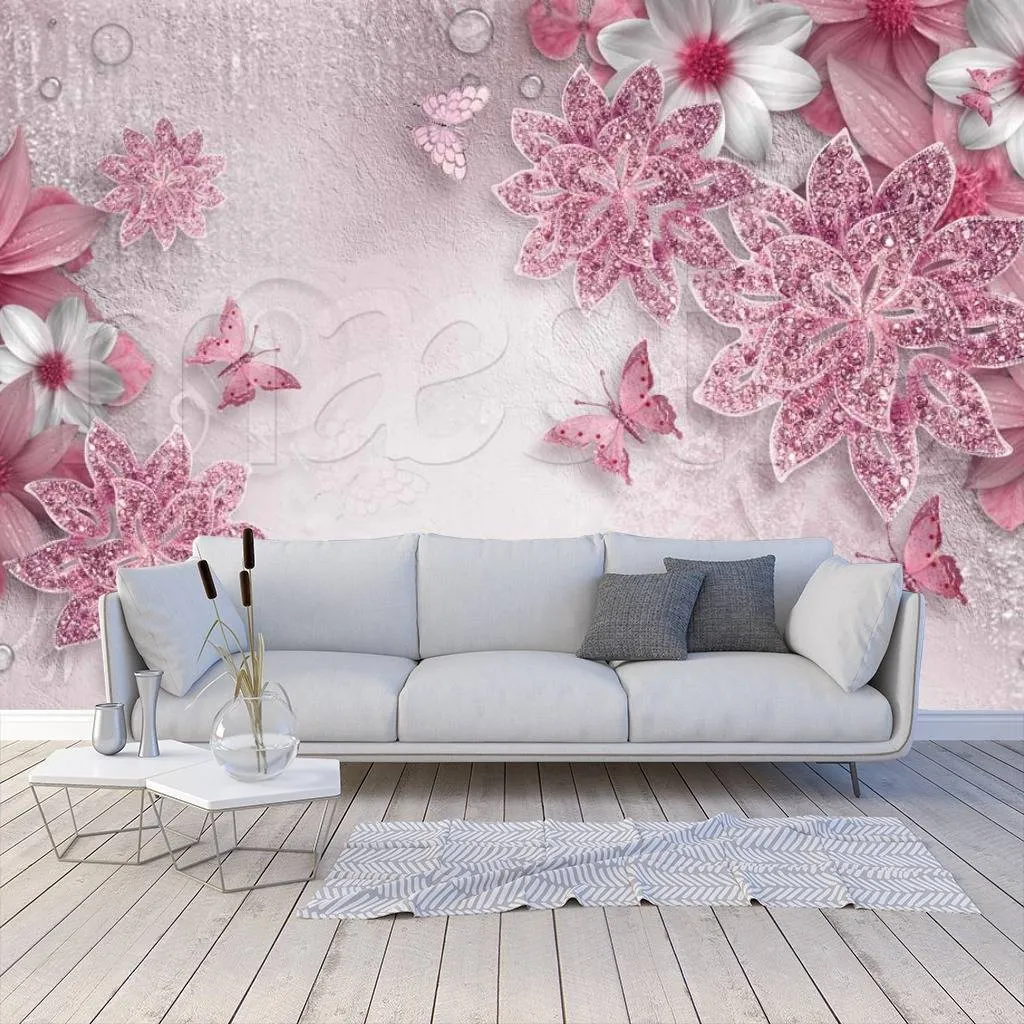 Фотообои 3д цветы со стразами на розовом цвете  10-486