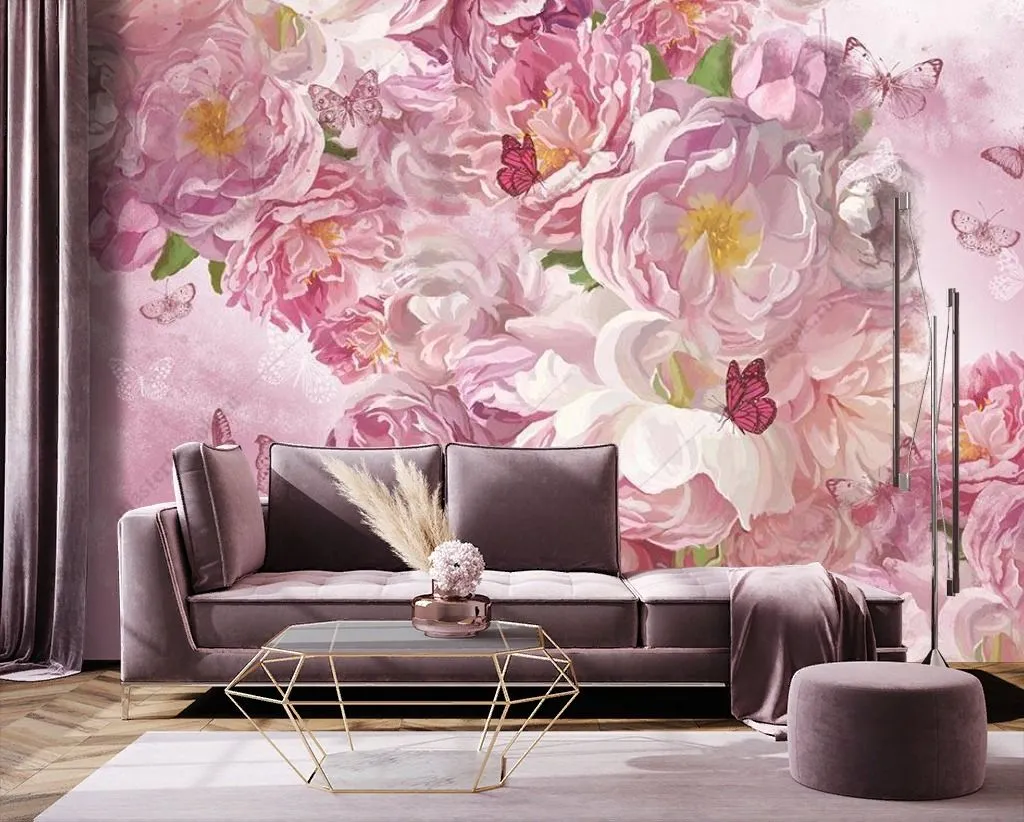 Фотообои в интерьере розовые пионы  10-874 фото