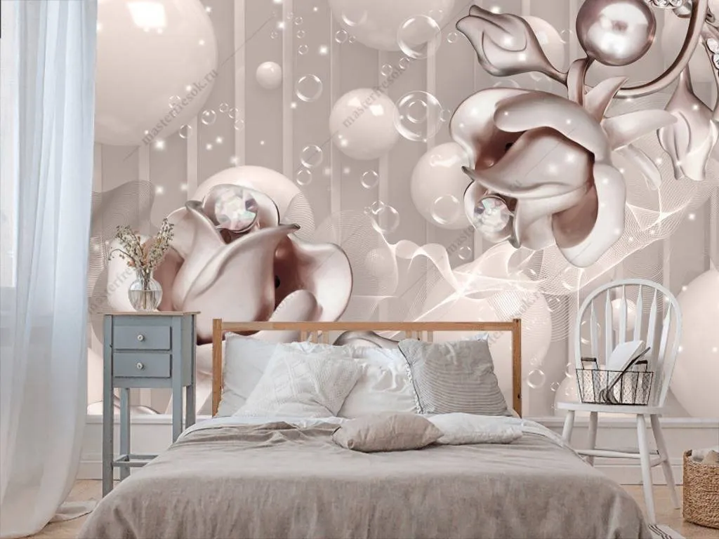 Фотообои в интерьере 3д платиновые цветы  10-652 фото