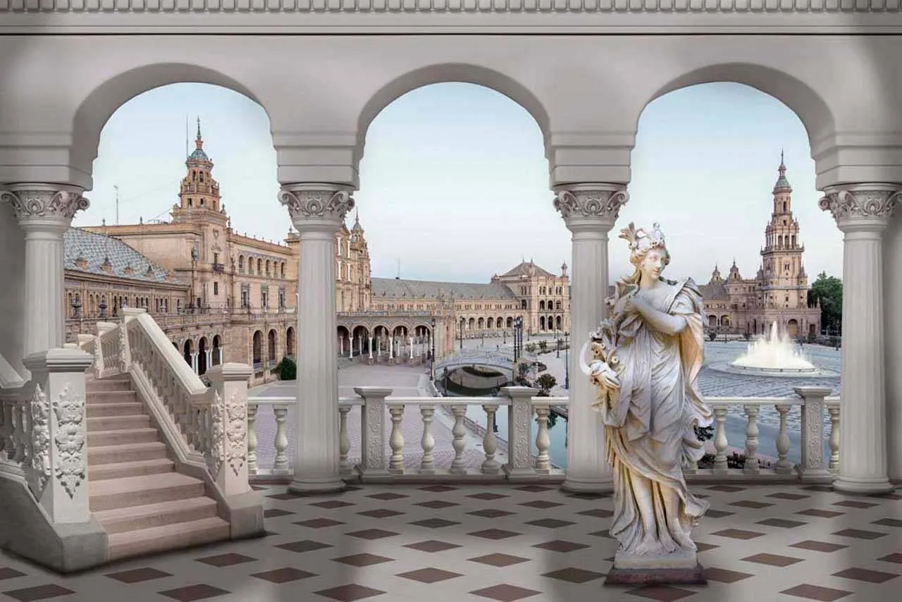 Фотообои в интерьере 3д панорама с арками и террасой  7-267 фото
