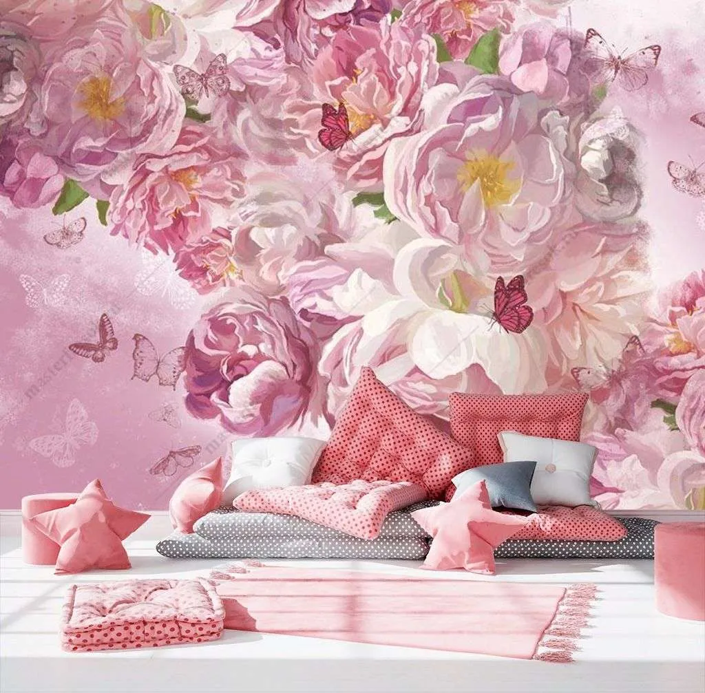 Фотообои в интерьере розовые пионы  10-874 фото