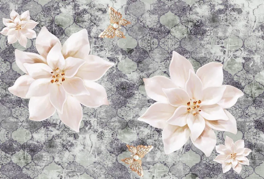 Фотообои в интерьере 3д цветы на ткани  10-920 фото