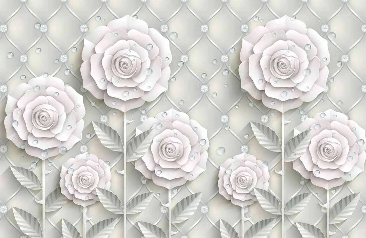 Фотообои в интерьере стереоскопические светлые цветы на сером фоне  7-472 фото