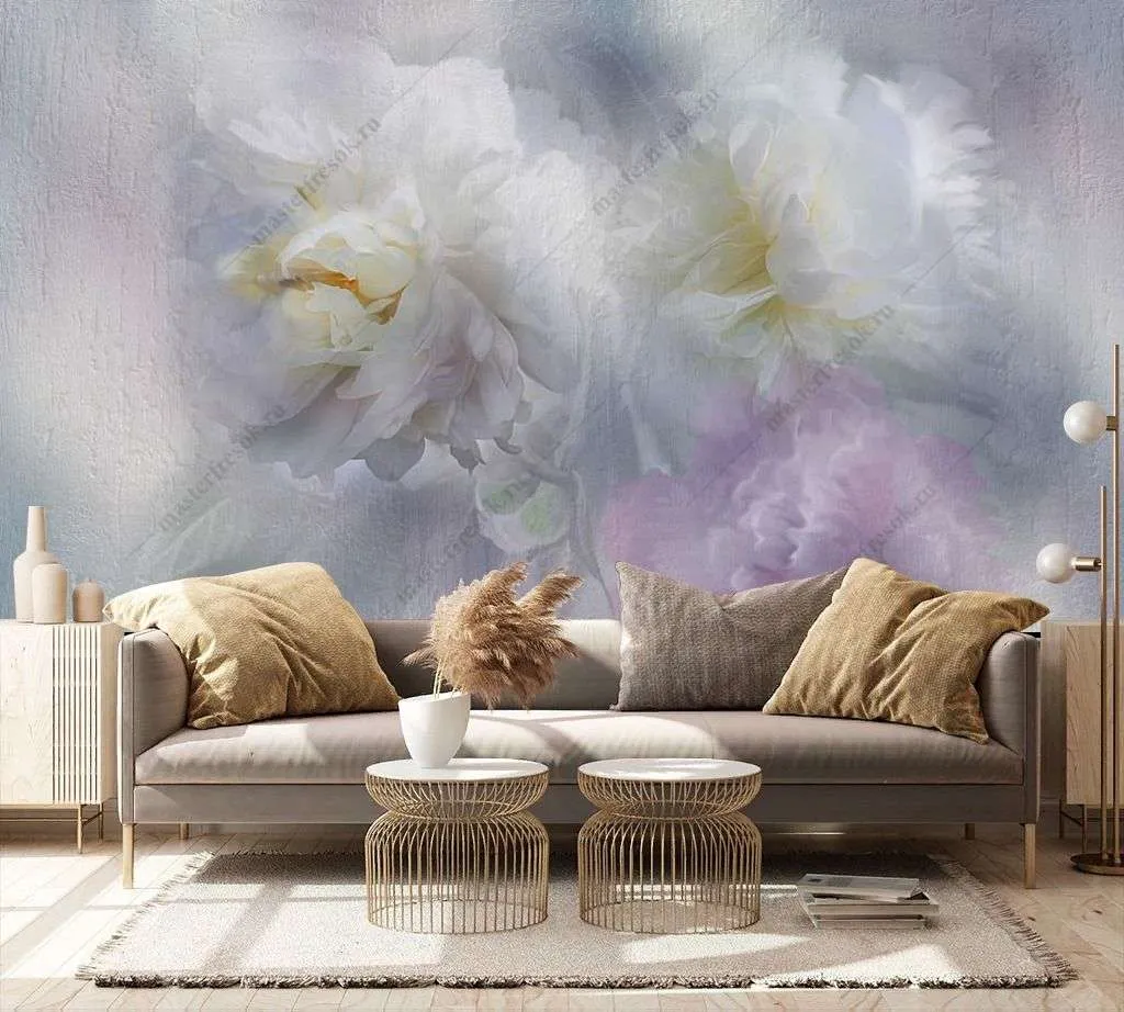 Фотообои в интерьере нежные белые пионы  13-370 фото