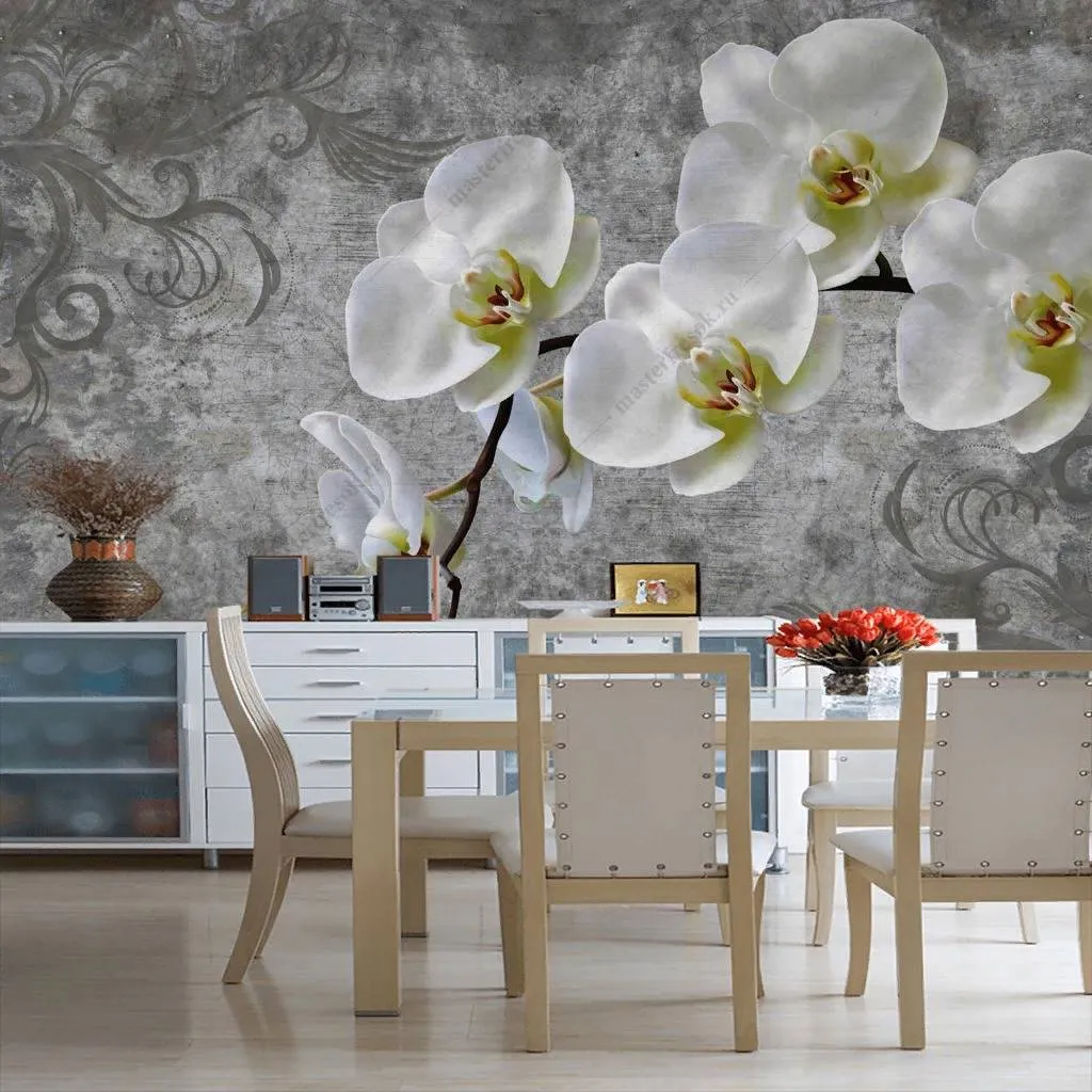 Фотообои в интерьере 3д ветка белой орхидеи  10-833 фото