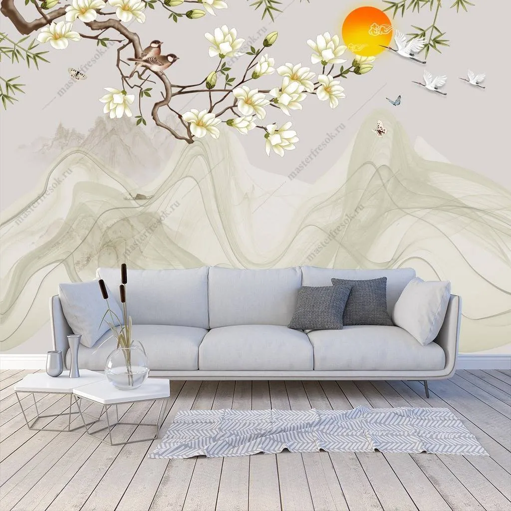 Фотообои в интерьере 3д китайский пейзаж  10-629 фото