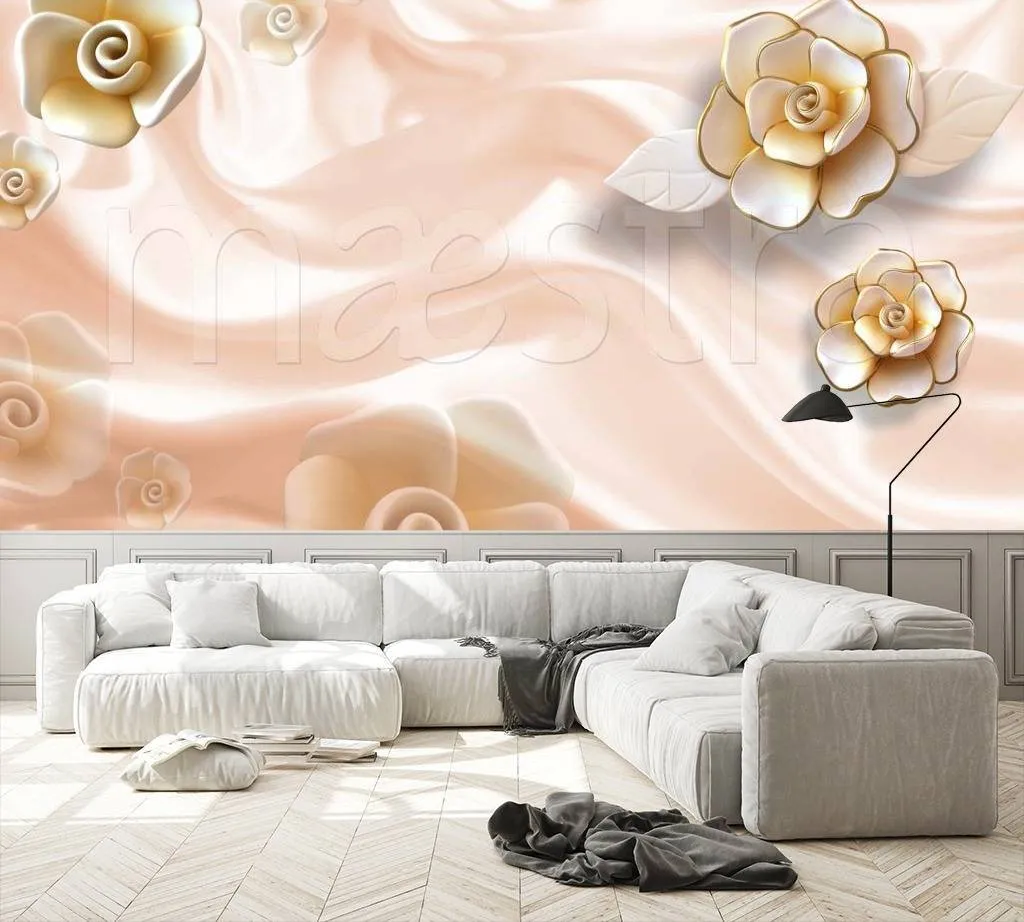 Фотообои в интерьере 3д цветы на ткани в пастельных тонах  10-487 фото