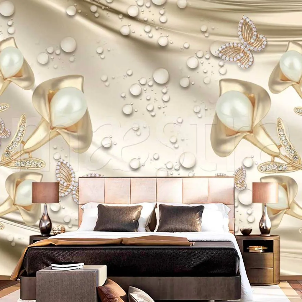 Фотообои 3д стереоскопический жемчуг на фоне шелка с каплями  10-462