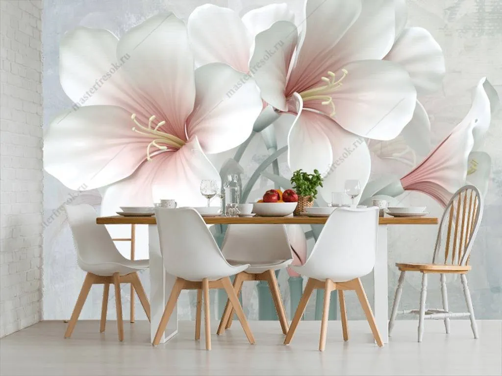 Фотообои в интерьере 3д цветы белые  10-646 фото