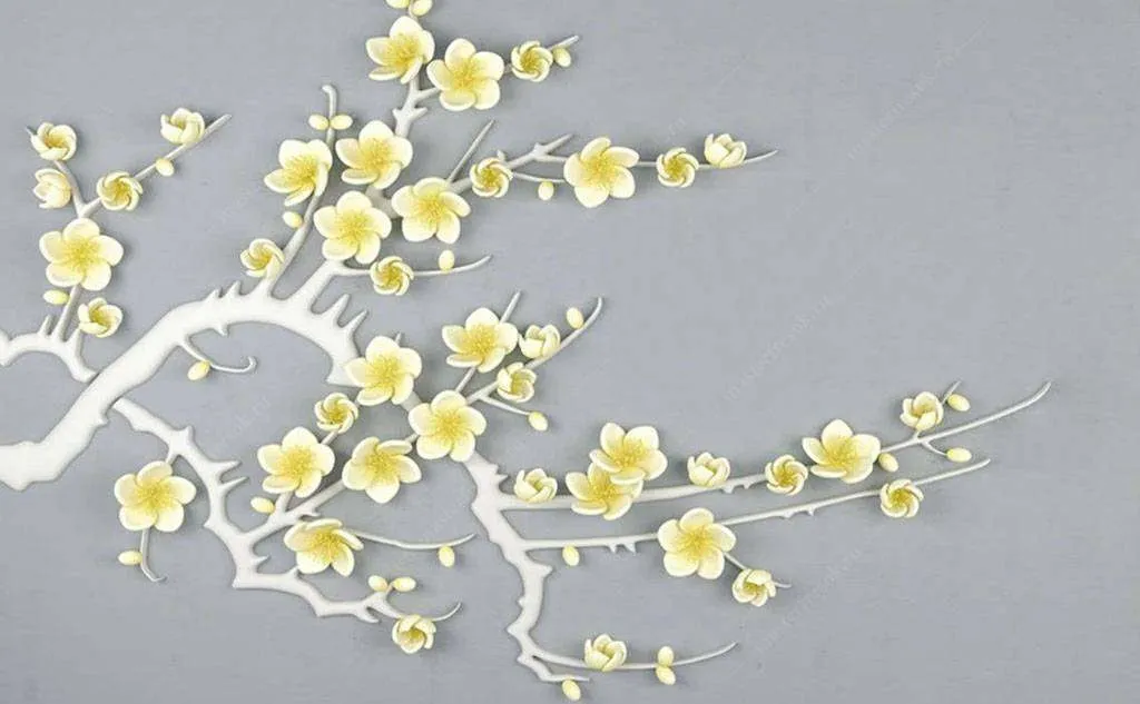 Фотообои в интерьере веточка с желтыми цветами  15-599 фото