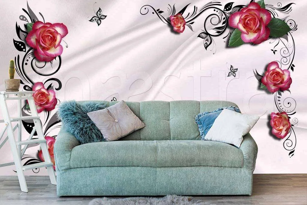 Фотообои в интерьере стереоскопические красные розы на шелке с черным орнаментом  7-470 фото