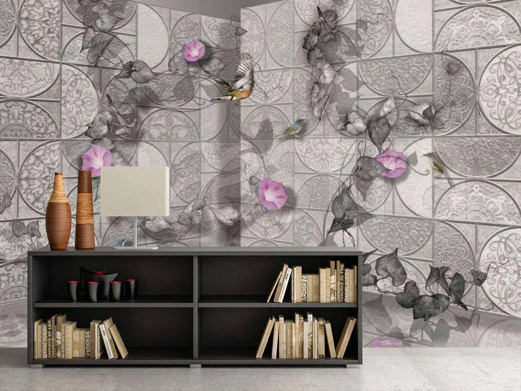 Фотообои в интерьере 3д стена с цветами  7-712 фото