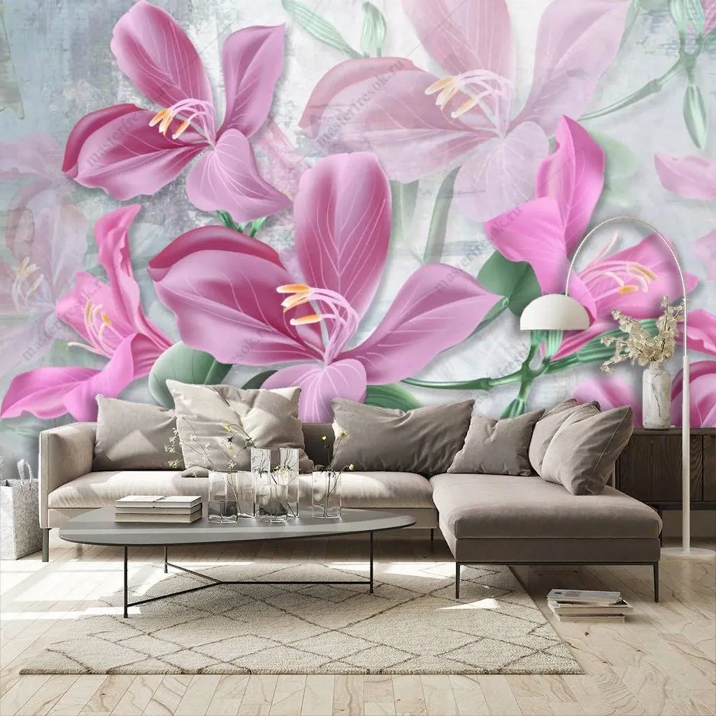 Фотообои в интерьере 3д ярко розовые лилии  10-859 фото