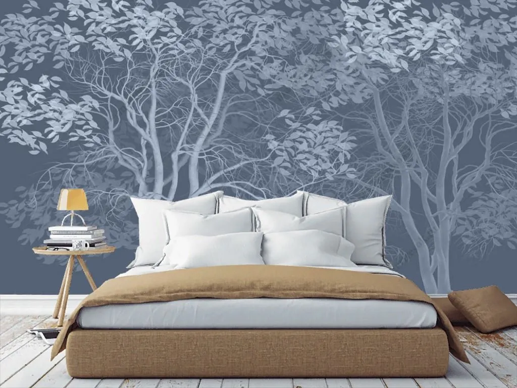 Фотообои в интерьере белые деревья на синем фоне  13-358 фото