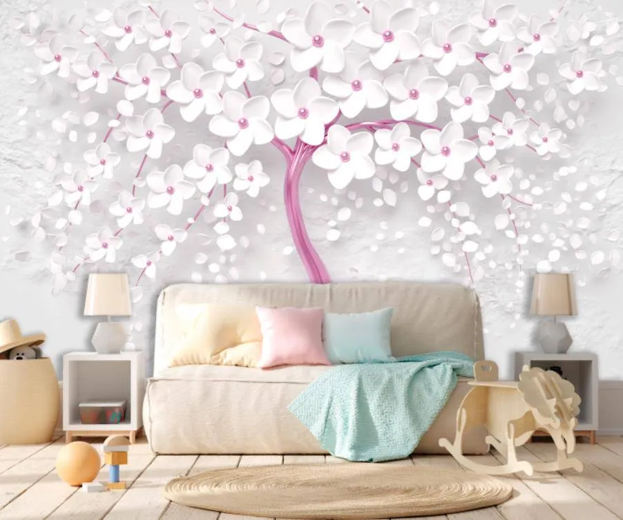 Фотообои в интерьере дерево 3д с цветами  10-746 фото