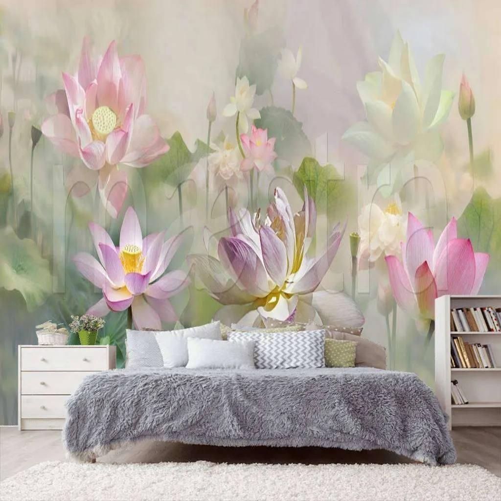 Фотообои в интерьере 3д розовые кувшинки  7-511 фото
