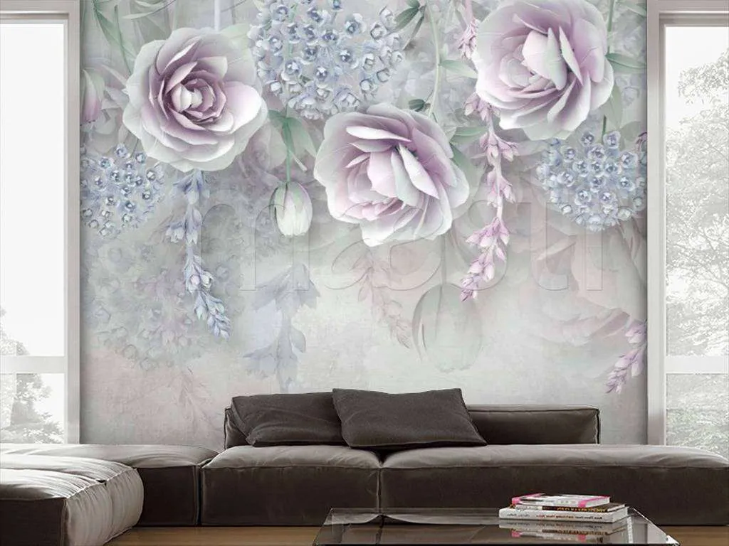 Фотообои в интерьере 3д цветы нежно сиреневые  15-036 фото