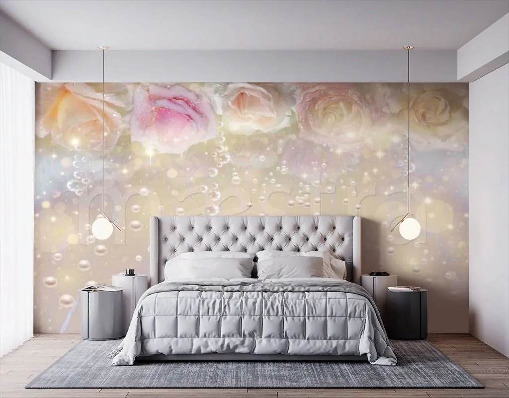 Фотообои в интерьере нежные розы с жемчугом  7-442 фото