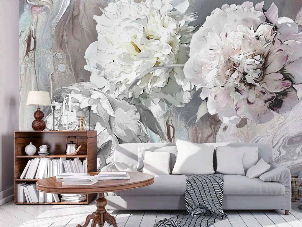Фотообои в интерьере пионы 3д серые  13-230 фото