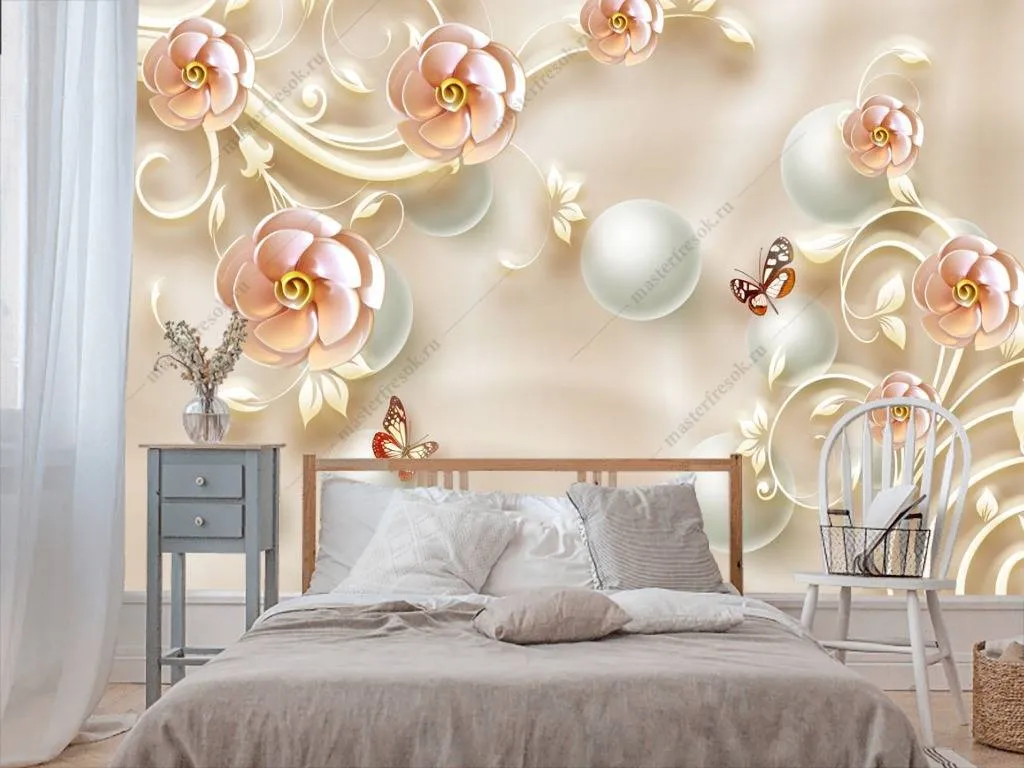 Фотообои в интерьере 3д цветы и жемчуг  10-628 фото