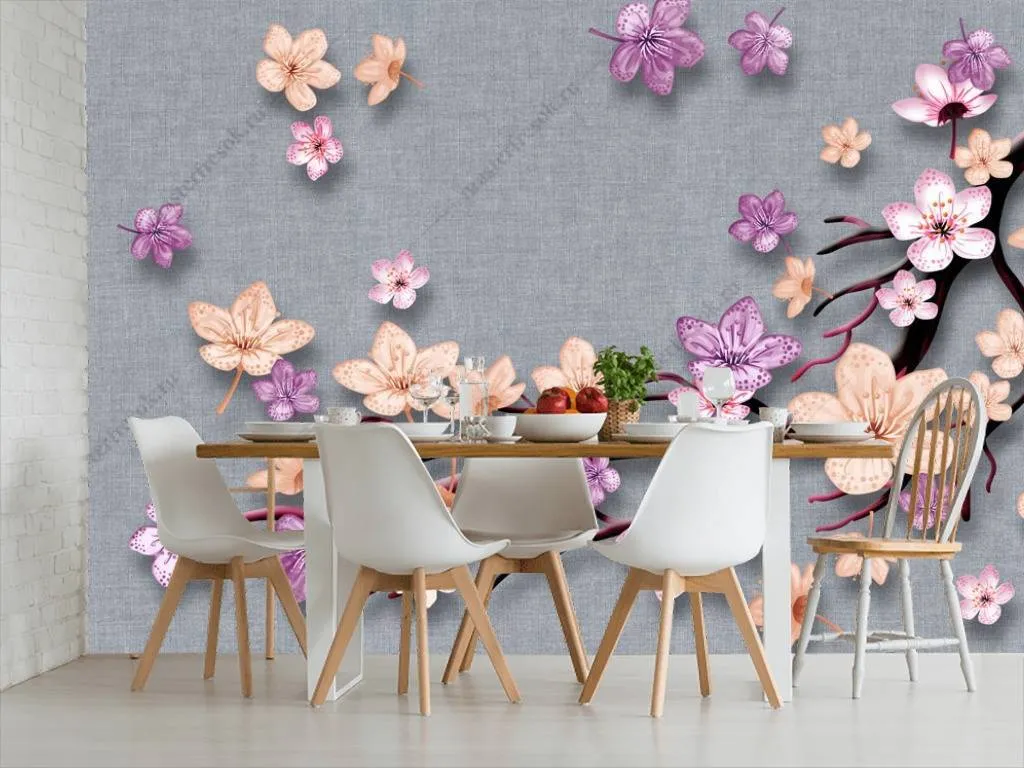 Фотообои в интерьере 3д фон серый с цветами  10-647 фото