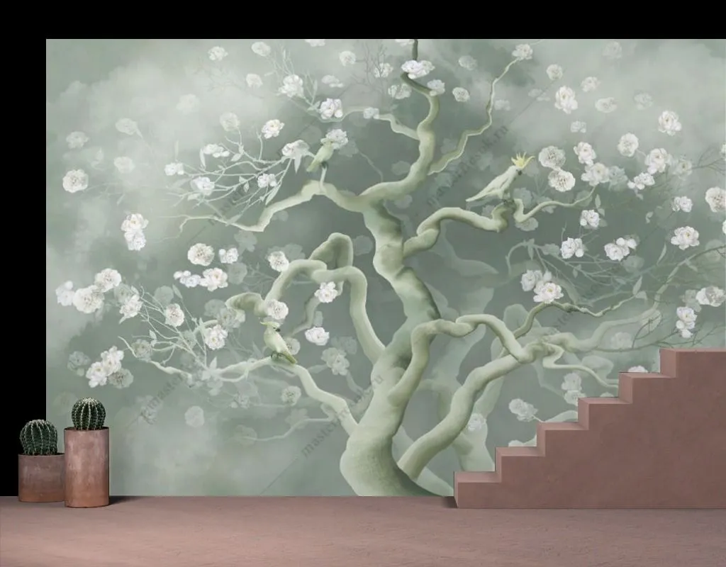 Фотообои в интерьере цветы объемные на дереве  13-591 фото