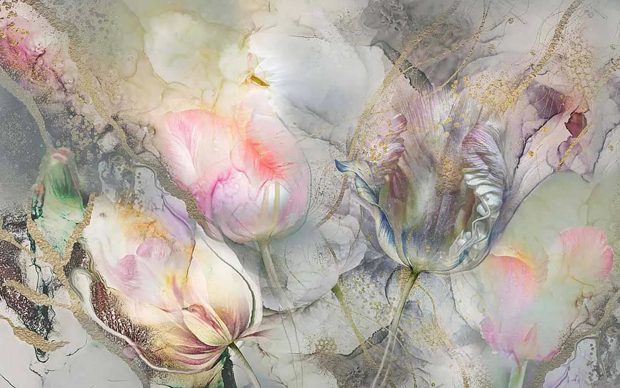 Фотообои в интерьере тюльпаны в камне  7-891 фото