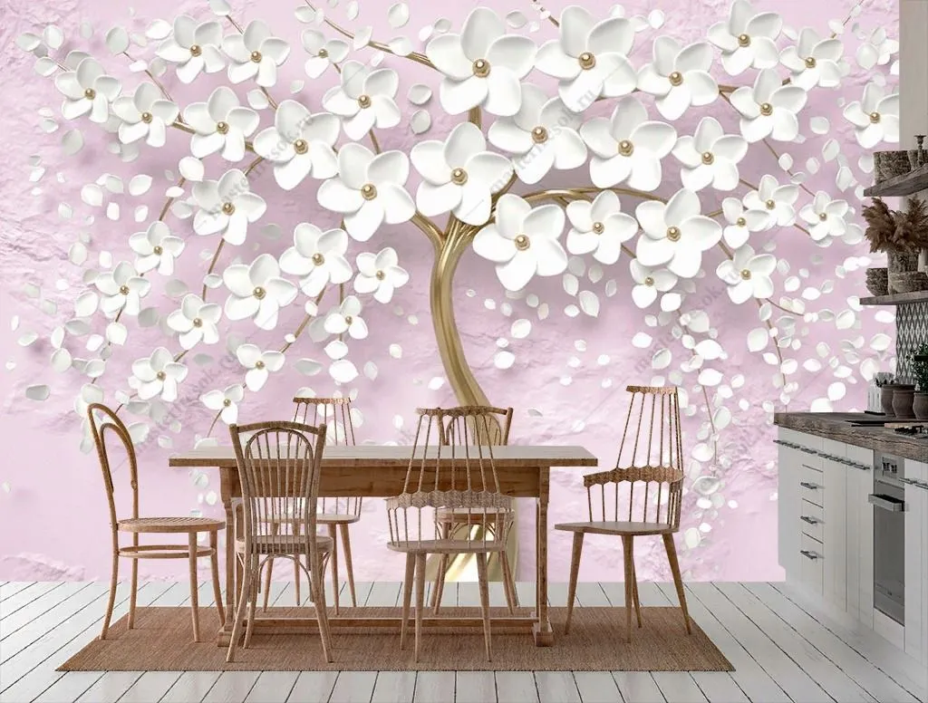 Фотообои в интерьере 3д дерево с белыми цветочками  10-889 фото