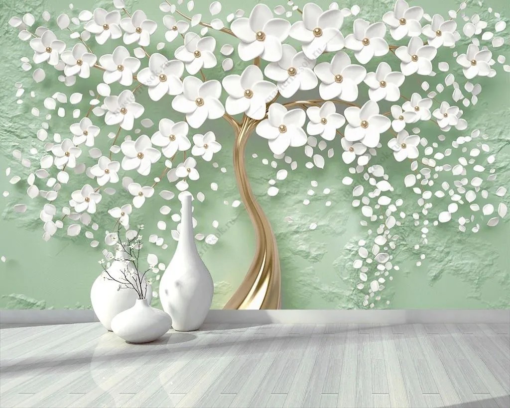 Фотообои в интерьере 3д дерево на зеленом фоне  10-891 фото