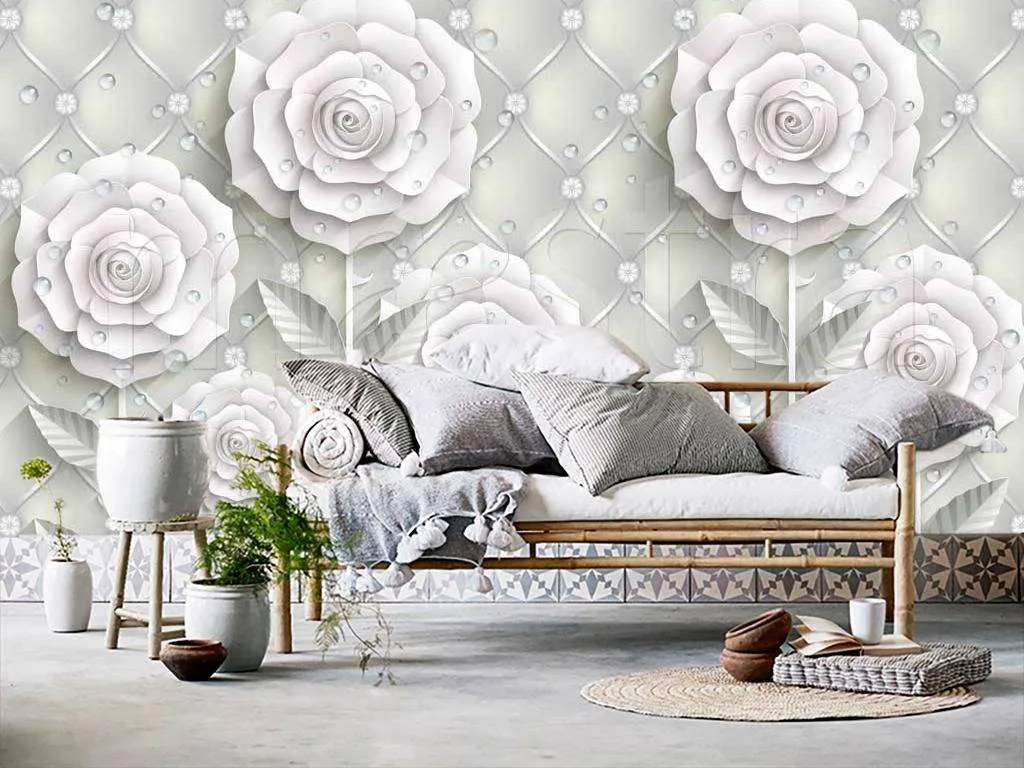 Фотообои в интерьере стереоскопические светлые цветы на сером фоне  7-472 фото