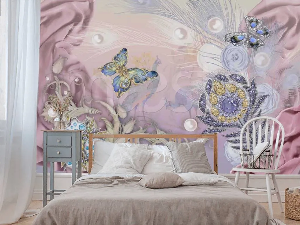 Фотообои в интерьере цветы и голубые бабочки 3д  7-422 фото