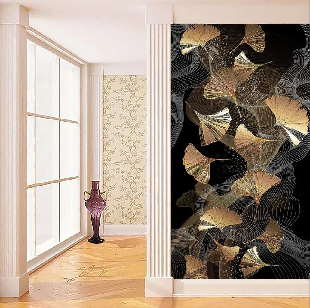 Фотообои в интерьере золотые листья на черном фоне  9-1435 фото
