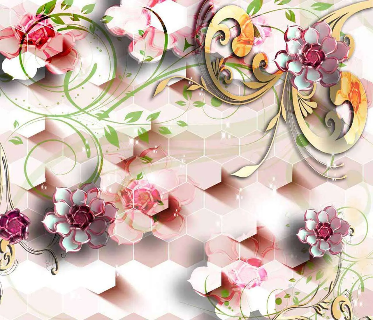 Фотообои в интерьере объемная 3д картинка с сотами и цветами  10-424 фото