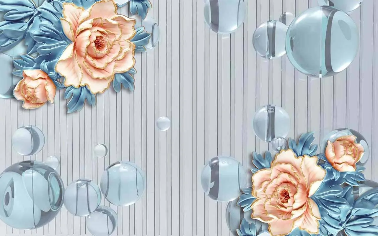 Фотообои в интерьере 3д цветы и шары на синем полосатом фоне  10-541 фото