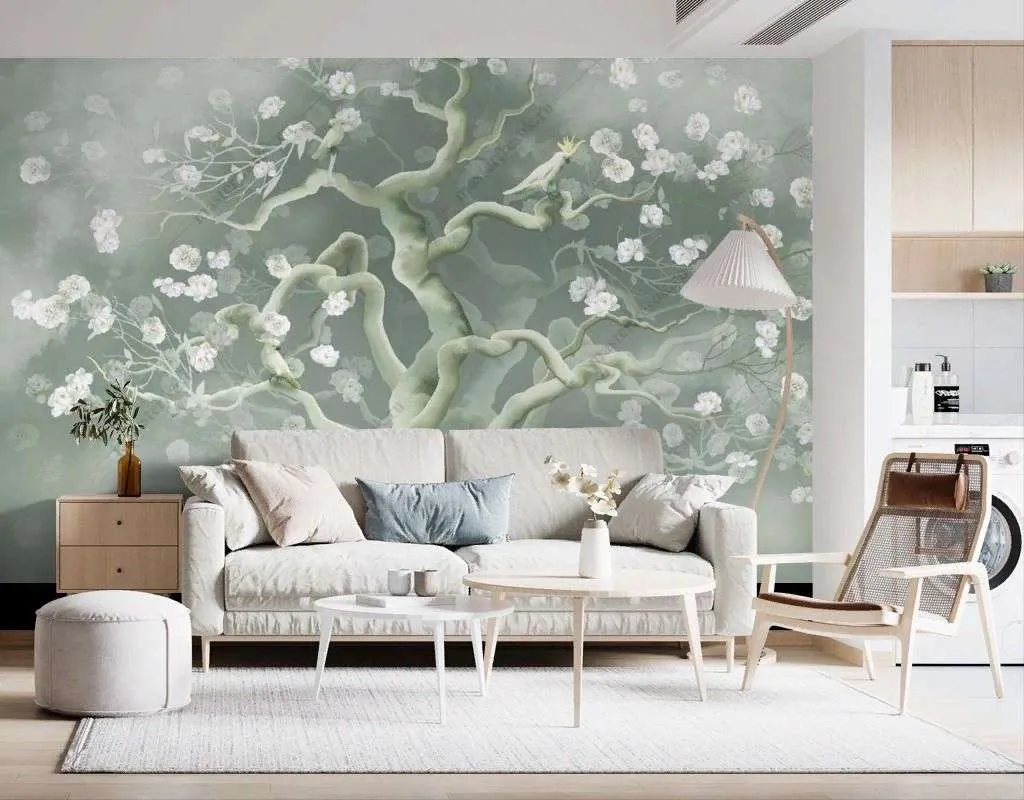 Фотообои в интерьере цветы объемные на дереве  13-591 фото