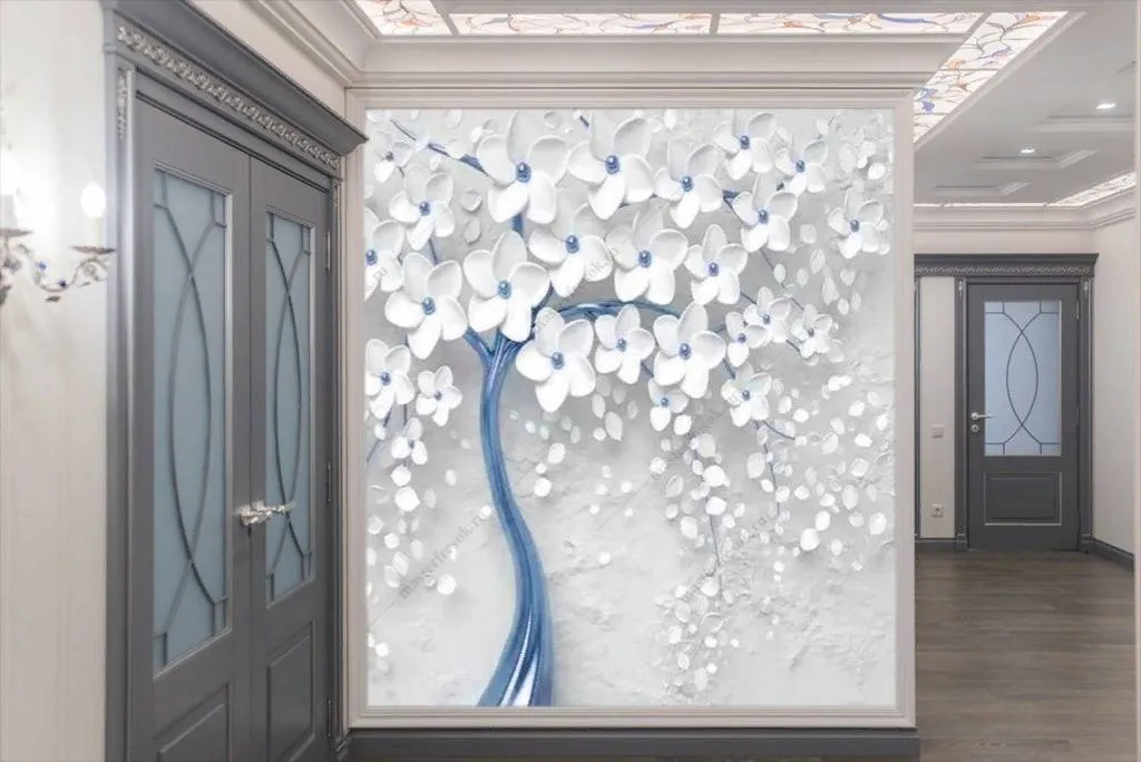 Фотообои в интерьере 3д дерево с золотыми цветами  10-742 фото