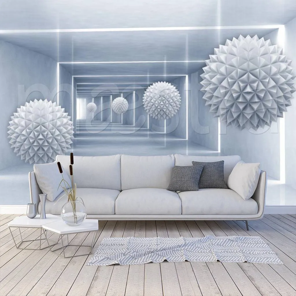 Фотообои в интерьере 3д шары летящие в синюю воронку  10-527 фото