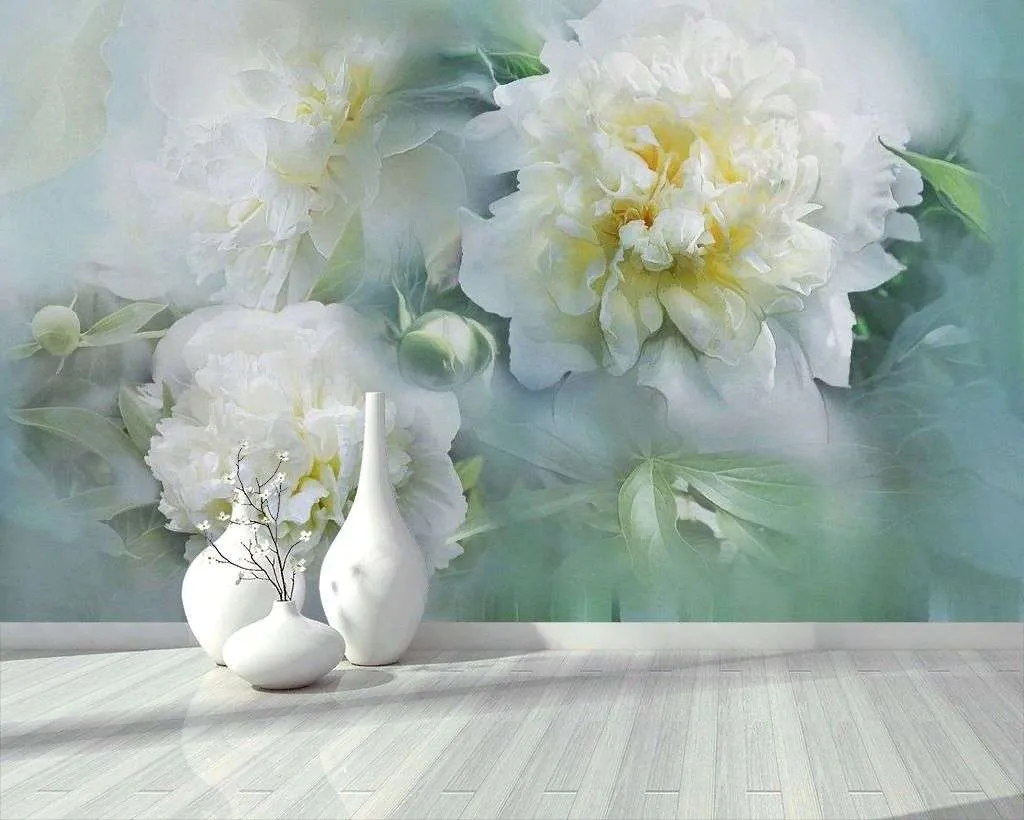 Фотообои в интерьере пион 3д в дымке  13-240 фото