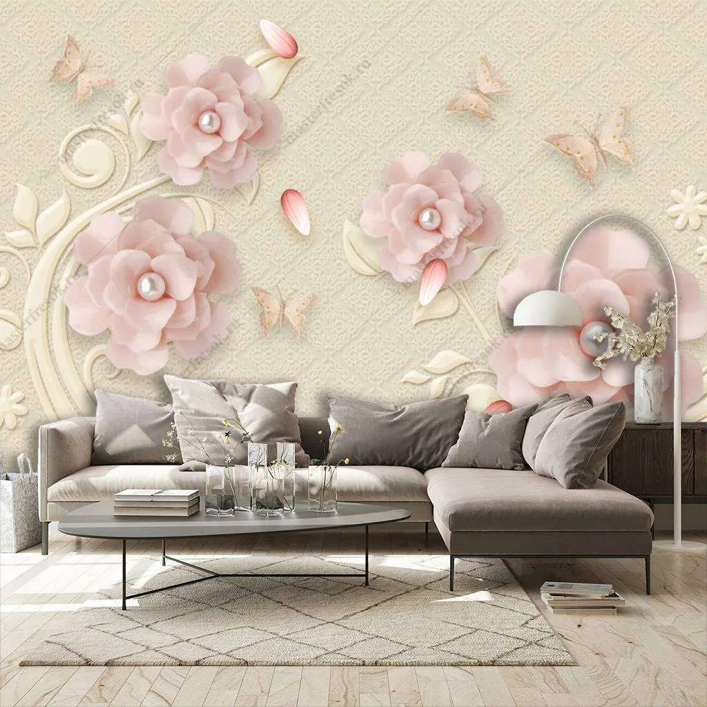 Фотообои Бесшовные обои на стену:  3д розовые цветы. Артикул: 10-632  