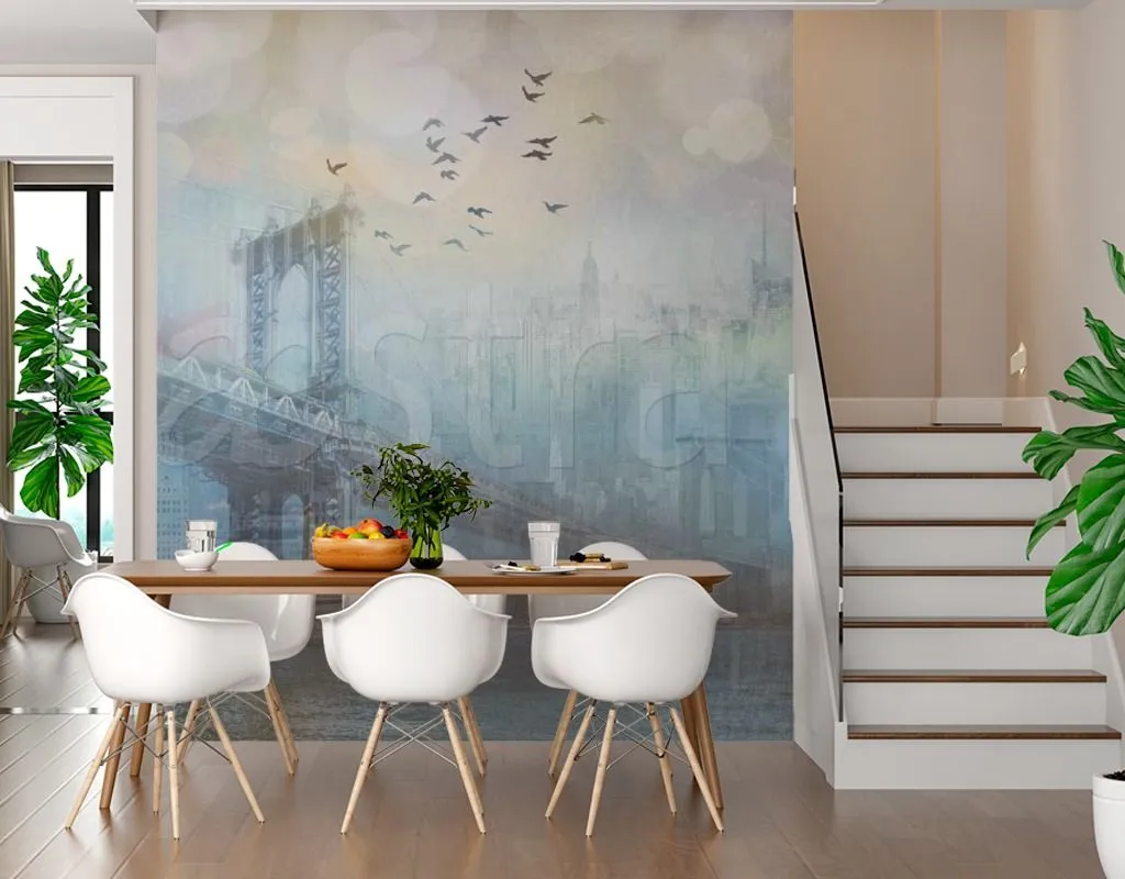 Фотообои в интерьере город и мосты в тумане  7-401 фото