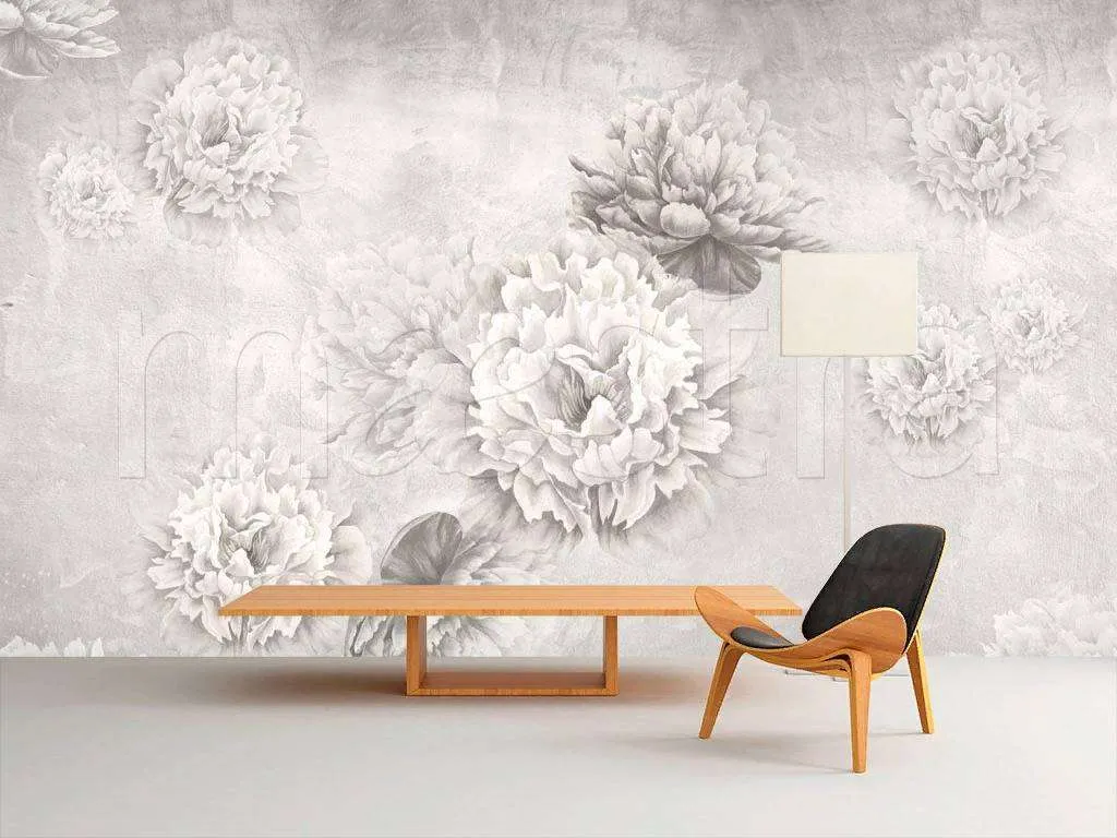 Фотообои в интерьере черно-белые пионы  7-971 фото